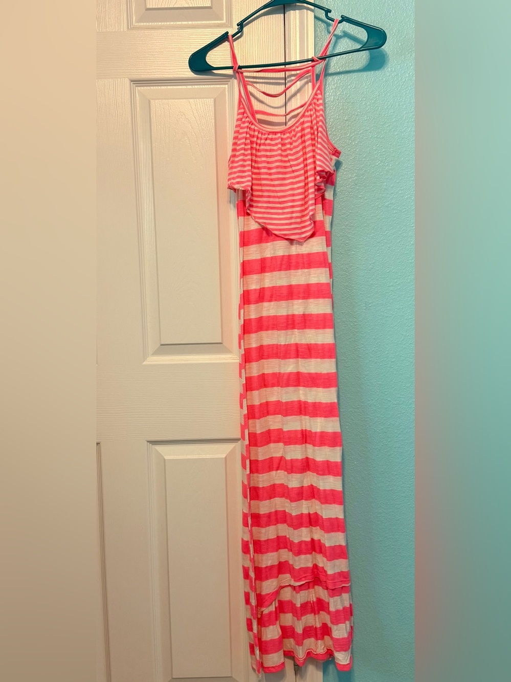 Pink & White Striped Maxi Dress with Ruffle Overlay